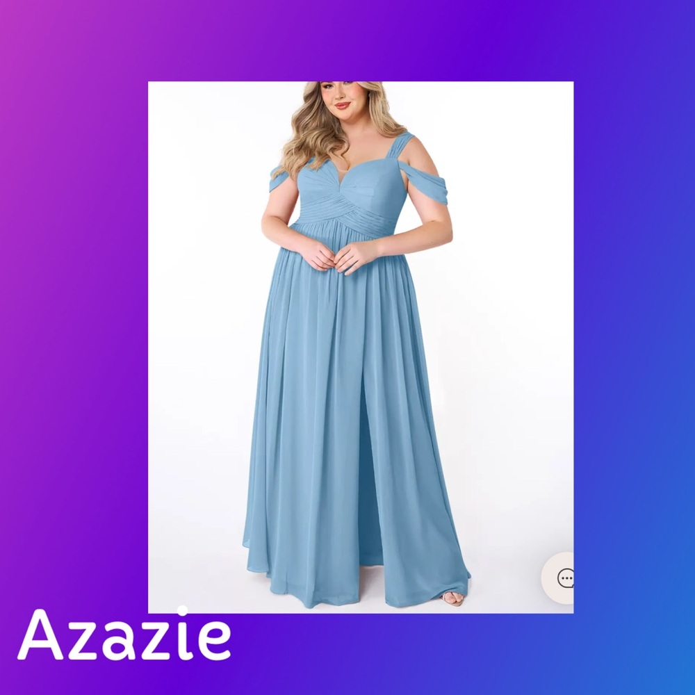 Azazie Blue Maxi Gown with Cold Shoulder and Short Sleeves